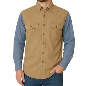 VTG Tango by Max Raab Colorblock Workwear Shirt XL Tan Blue Canvas 90s Aesthetic